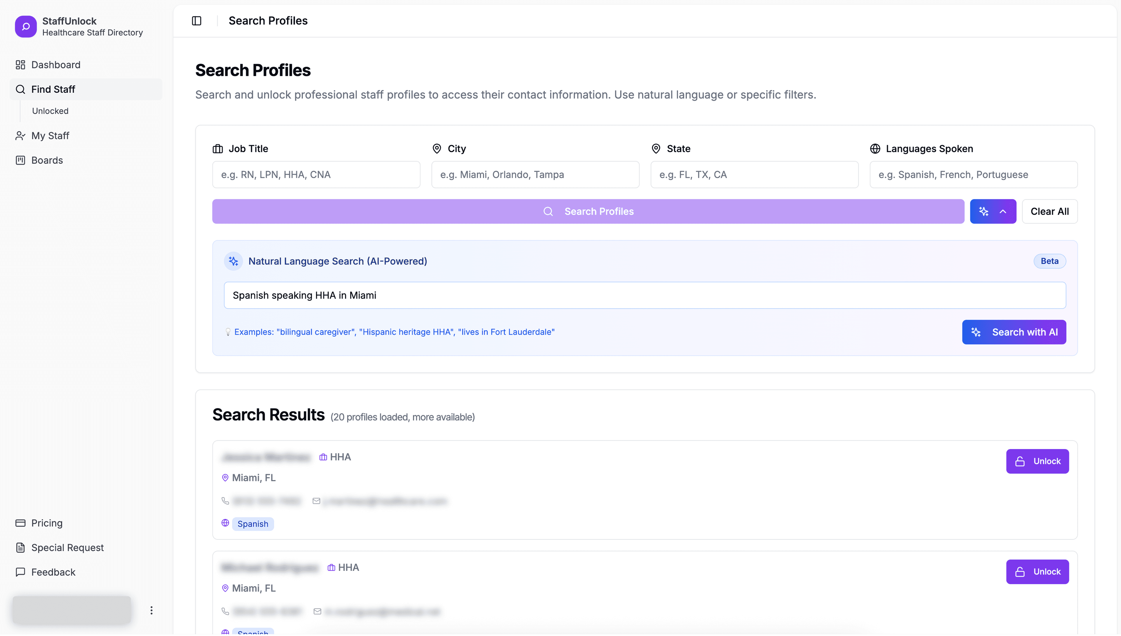 Advanced caregiver search filters