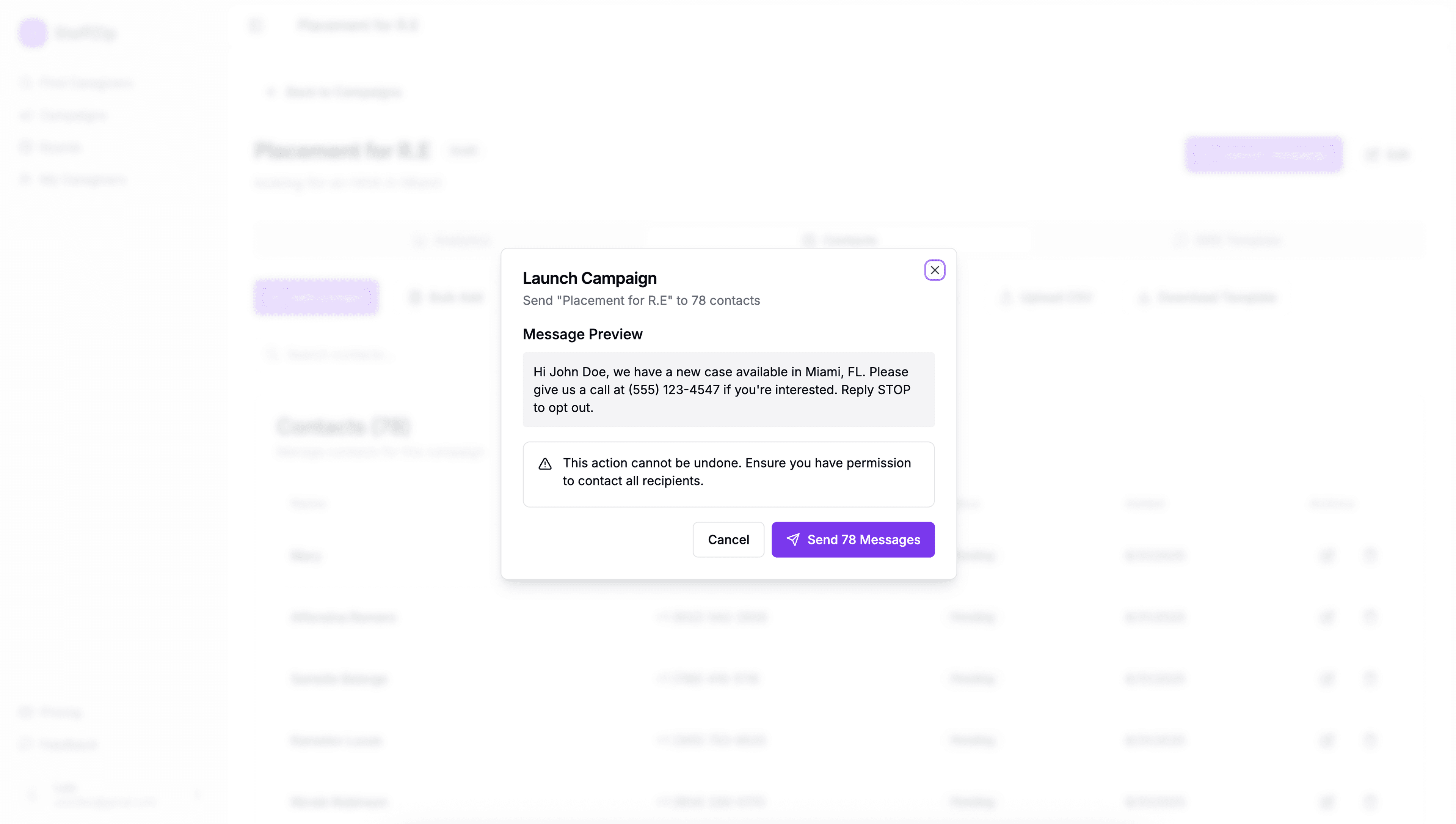 CaregiverHire SMS campaign dashboard