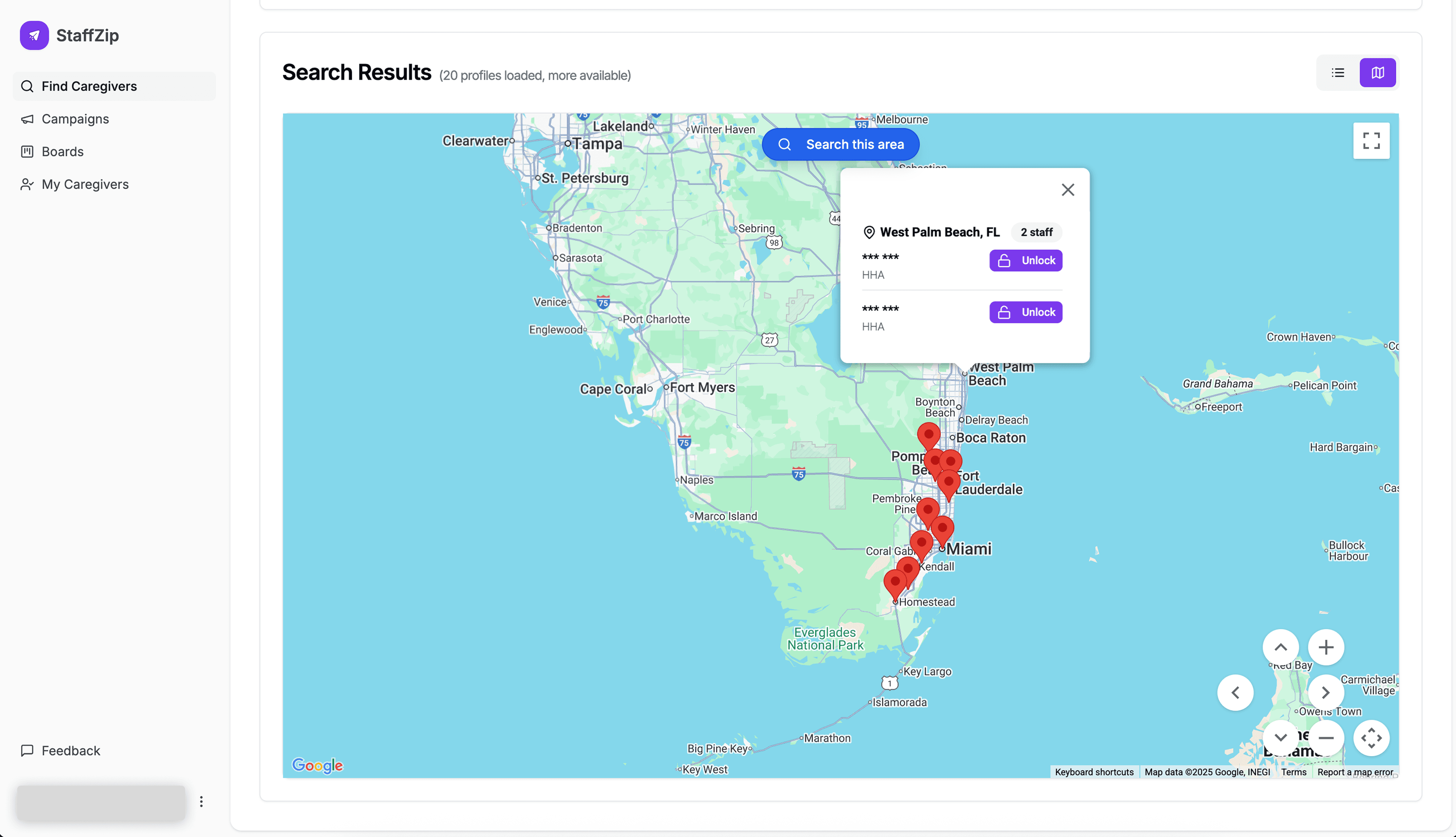 CaregiverHire Dashboard - Browse and unlock caregiver profiles